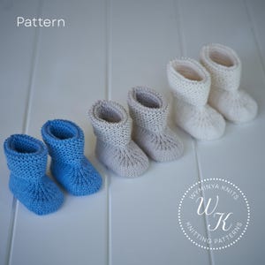 Pode incluir: Botinhas de bebê de malha em várias cores: azul claro, bege e branco. As botinhas têm uma bainha dobrada e um design texturizado no pé. A palavra "Pattern" está no canto superior esquerdo.