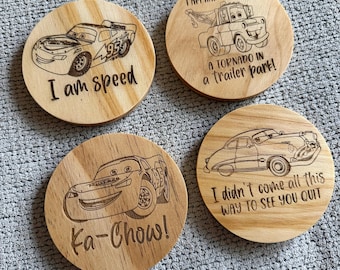 Disney Cars Quote Coasters | Laser Engraved Wooden Coaster Set | Pixar Cars Inspired Gift | Bar Accessories | Housewarming Gift