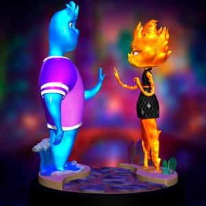 May include: A 3D-rendered figurine set featuring two stylized characters. One is blue with a purple and white shirt, the other is orange with a flame-like head and a black dress. They stand on a circular base.