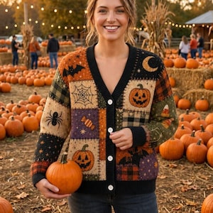 May include: A V-neck cardigan featuring a patchwork design with Halloween motifs including pumpkins, bats, spiderwebs, and candy corn in orange, black, and purple. The knit sweater has a black button-down front and long sleeves with cuffs.