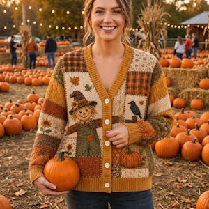 May include: A V-neck cardigan featuring a patchwork design with autumn-themed motifs including a scarecrow, a black crow, sunflowers, and pumpkins. The knit sweater has a button-down front and is colored in shades of orange, brown, and cream.