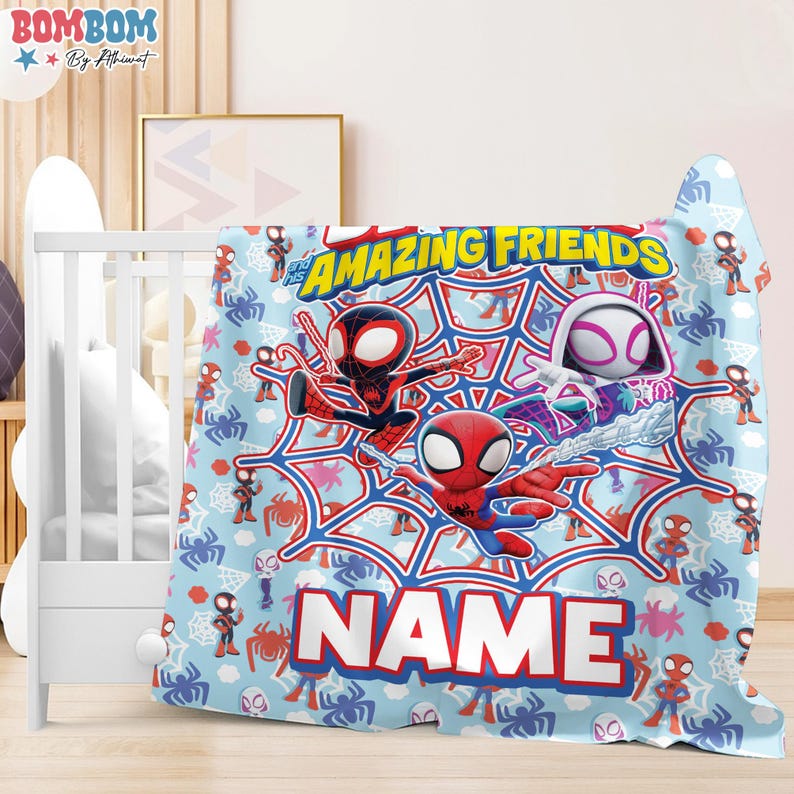 A personalized blanket featuring characters from the Spider-Man and Spider-Man-themed movie series, with the text "AMAZING FRIENDS" and "NAME" printed on it.