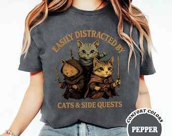 Easily Distracted by Cats and Side Quests T-Shirt, Dnd Fan Shirt, Dragons Graphic Tee, Dungeon Master Tee, DnD Dad Gifts