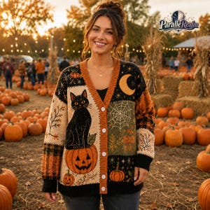 May include: A button-up cardigan featuring a patchwork design with a black cat sitting on a pumpkin, a crescent moon, spider webs, and autumn foliage. The knit sweater has a tan, orange, and black color palette with white buttons down the front.