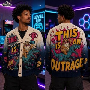 This Is An Outrage Knitted Cardigan, Princess Donut and Mongo Sweater, Dungeon Crawler Carl Reader Gift, Princess Donut Book Lover Gift afbeelding 4