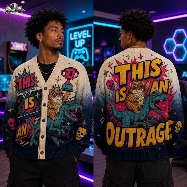 This Is An Outrage Knitted Cardigan, Princess Donut and Mongo Sweater, Dungeon Crawler Carl Reader Gift, Princess Donut Book Lover Gift afbeelding 4