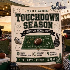 May include: A cream-colored fabric banner featuring the text X & O PLAYBOOK TOUCHDOWN SEASON GAME PLAN KICKOFF PARTY. It displays a green football field graphic with a brown football, a silver whistle, and event details for October 11, 2026.