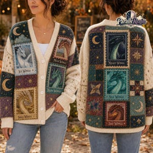 May include: A cream-colored button-down cardigan featuring a patchwork design of dragon illustrations. The front and back panels display rectangular frames labeled Ice Wings, Mud Wings, Rain Wings, Sand Wings, Night Wings, Sea Wings, and Sky Wings.