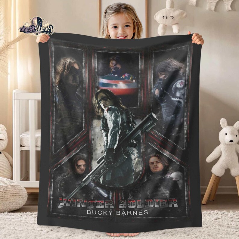 May include: Black fleece blanket featuring a collage of images of the Winter Soldier, Bucky Barnes. The blanket has a dark background with red and gray accents, and the text "Winter Soldier Bucky Barnes" is displayed at the bottom.