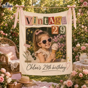 Vintage 29th Birthday Banner, Custom Photo Birthday Party Backdrop, Welcome Sign, 30th Birthday Tapestry, Party Weekend Decor