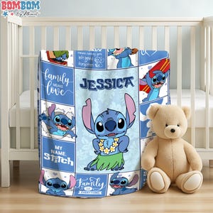 A personalized blanket featuring the character Jessica from the movie Lilo & Stitch, along with various other images of the character. The blanket is displayed in a nursery setting, with a teddy bear sitting next to it.