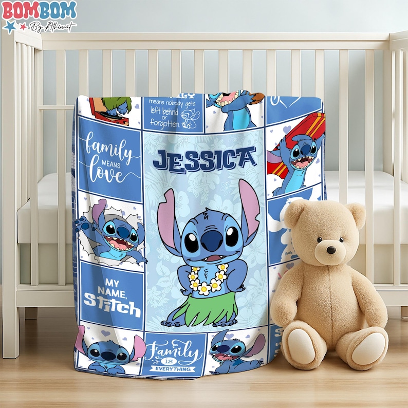 A personalized blanket featuring the character Jessica from the movie Lilo & Stitch, along with various other images of the character. The blanket is displayed in a nursery setting, with a teddy bear sitting next to it.