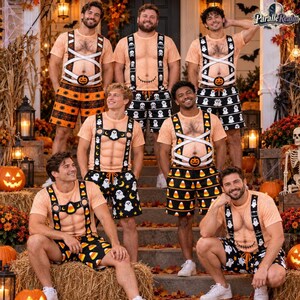 May include: Five individuals wearing matching Halloween-themed t-shirts and shorts sets. The shirts feature a printed muscular torso with white suspender straps and a pumpkin or ghost graphic. The shorts display patterns of pumpkins, ghosts, or candy corn.