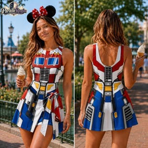May include: A sleeveless dress featuring a graphic print of a red, white, and blue robot design with mechanical details. The dress has a wrap-style skirt with a side tie and is worn with a black headband featuring red polka-dot mouse ears.