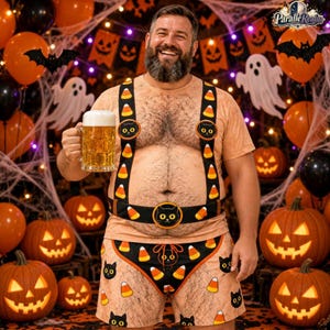 May include: A beige t-shirt and shorts set featuring a printed design of black cats and candy corn, with black straps across the chest and waist. The garment includes a graphic of a black cat face on the belt buckle and chest straps.