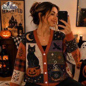 May include: A V-neck button-down cardigan featuring a patchwork design with a black cat sitting on a pumpkin, a steaming cauldron, a crescent moon, stars, and a raven. The knit fabric includes orange, black, and purple panels with patterns.