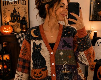 Halloween patchwork vest voor dames 2026, trui met zwarte kat en pompoen, heksenachtig vest met maan en vleermuis, griezelig seizoen 2026, cadeau voor haar