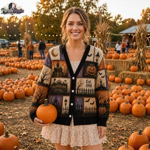 May include: A long-sleeve button-down cardigan featuring a patchwork design of Halloween-themed illustrations, including pumpkins, a haunted house, and the text "Halloweentown City Hall" and "Est. 1998" in shades of black, orange, and purple.
