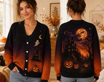 Halloween Cardigan Sweater 2026, Haunted House Pumpkin Print, Spooky Ghost Moon Top, Button Up Knit, Gift for Her 2026