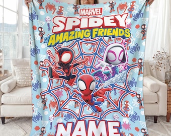 Spidey And His Amazing Friends Blanket, Custom Kid Name Blanket, Birthday Gift, Custom Super Hero Gift, Spiderman Fleece Blanket