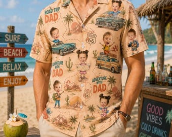 T-shirt hawaïen personnalisé « Aventure avec papa », T-shirt hawaïen « Road Trip papa », T-shirt Aloha avec photo pour la fête des pères, T-shirt hawaïen cadeau pour papa