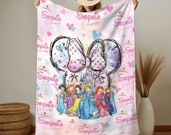 Personalized Watercolor Disneyland Princess Blanket, Castle Coquette Bows Blanket, Rapunzel Ariel Elsa Cinderella blanket,Birthday Girl Gift