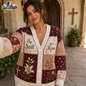 Peut inclure: Un gilet boutonné à col en V avec un motif patchwork dans des tons crème, bordeaux et vieux rose. Le tissu en maille présente des motifs floraux, des croix et des étoiles. Le texte "Be Still and Know" est imprimé sur les panneaux avant.