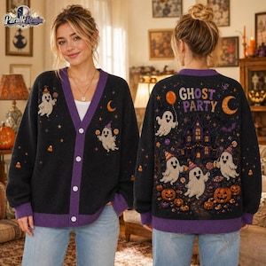 Personalized Ghost Party Cardigan, Halloween Sweater 2026, Spooky Season Gift for Her, Cute Ghost Pullover, 2026 Halloween Knit