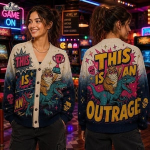 This Is An Outrage Knitted Cardigan, Princess Donut and Mongo Sweater, Dungeon Crawler Carl Reader Gift, Princess Donut Book Lover Gift afbeelding 3