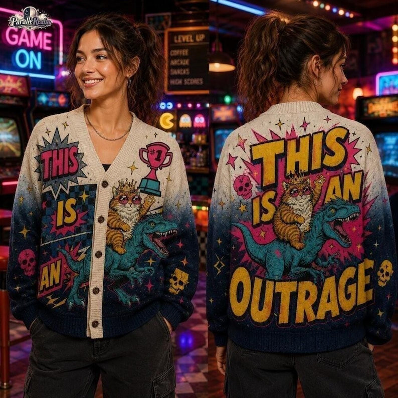 This Is An Outrage Knitted Cardigan, Princess Donut and Mongo Sweater, Dungeon Crawler Carl Reader Gift, Princess Donut Book Lover Gift afbeelding 3