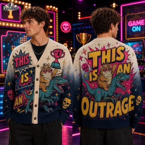 This Is An Outrage Knitted Cardigan, Princess Donut and Mongo Sweater, Dungeon Crawler Carl Reader Gift, Princess Donut Book Lover Gift