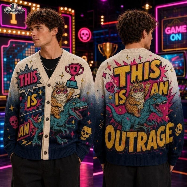 This Is An Outrage Knitted Cardigan, Princess Donut and Mongo Sweater, Dungeon Crawler Carl Reader Gift, Princess Donut Book Lover Gift afbeelding 1