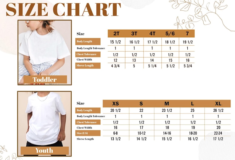 以下が含まれることがあります： 幼児と若者向けのTシャツのサイズチャート。身体の長さ、胸囲、袖丈の測定値をセンチメートルで示しています。茶色と白の配色です。