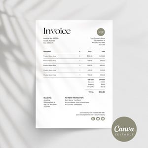 Modern Invoice Template Canva | Printable Invoice Template Small Business | Professional Bill | Letter & A4 | Editable | Freelance Invoice