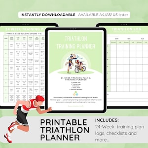 24-tygodniowy plan treningowy triathlonu | Przewodnik triathlonowy do druku w formacie PDF | Planer treningów pływania, jazdy na rowerze i biegania | Lista kontrolna sprzętu i wskazówki dotyczące dnia zawodów
