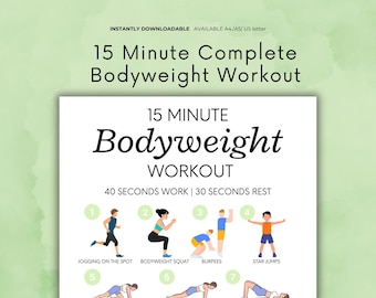 15 minute bodyweight workout guide, printable fitness guide, workout guide for beginner, exercise planner, fitness program, instant download