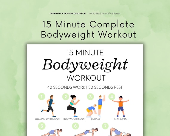 15 minute bodyweight workout guide, printable fitness guide, workout guide for beginner, exercise planner, fitness program, instant download