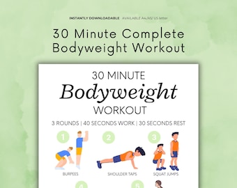 30 Minute bodyweight workout guide, Printable workout guide, home workout, Bodyweight exercises for beginners, printable exercise planner