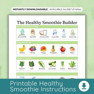 May include: A printable guide for making healthy smoothies, featuring a teal banner. The guide lists base ingredients like almond milk and oat milk, fruits such as bananas and berries, and greens including spinach and kale. The text "The Healthy Smoothie Builder" is at the top.