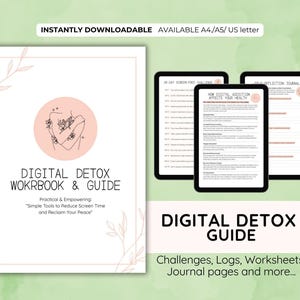 Może przedstawiać: Cyfrowy detoks, zeszyt ćwiczeń i przewodnik z tekstem "Digital Detox Workbook & Guide" i "Simple Tools to Reduce Screen Time and Reclaim Your Peace". Obraz zawiera również cyfrowy przewodnik po detoksie i dziennik autorefleksji.