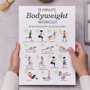 Puede incluir: Un gr&aacute;fico de entrenamiento imprimible con ilustraciones de 14 ejercicios de peso corporal. El gr&aacute;fico se titula "Entrenamiento de peso corporal de 15 minutos" e incluye instrucciones para 40 segundos de trabajo y 30 segundos de descanso.