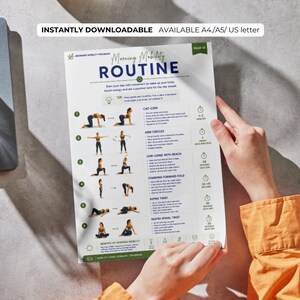 K&ouml;nnte beinhalten: Ein wei&szlig;es, bedruckbares Blatt mit dem Text "Morning Mobility ROUTINE" und &Uuml;bungsillustrationen. Das Blatt wird von einer Person gehalten, die ein orangefarbenes Hemd tr&auml;gt. Der Text "INSTANTLY DOWNLOADABLE AVAILABLE A4/A5/US letter" steht oben.