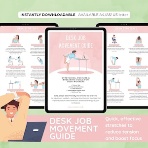 Puede incluir: Tres tabletas digitales que muestran una gu&iacute;a de movimientos para el trabajo de escritorio con ejercicios de estiramiento. La gu&iacute;a incluye el texto: "Desk Job Movement Guide" y "Stretching, Posture & Breathing Tools for Desk Workers".
