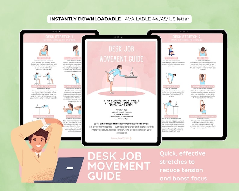Puede incluir: Tres tabletas digitales que muestran una gu&iacute;a de movimientos para el trabajo de escritorio con ejercicios de estiramiento. La gu&iacute;a incluye el texto: "Desk Job Movement Guide" y "Stretching, Posture & Breathing Tools for Desk Workers".