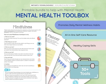 May include: A printable mental health toolbox with the text "MENTAL HEALTH TOOLBOX". The image includes pages with mindfulness techniques, a planner, and healthy habits. A light blue toolbox graphic with the text "30+ Tools" is also present.