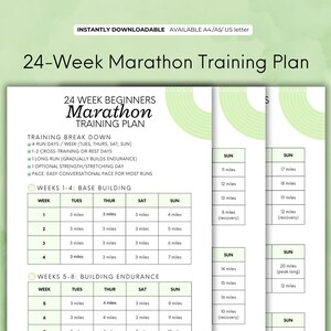 May include: A printable 24-week marathon training plan for beginners. The plan includes weekly mileage goals for running, cross-training, and rest days. The plan is divided into two phases: base building and building endurance. The plan includes a table with weekly mileage goals for each day of the week.