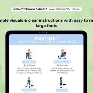 May include: A digital fitness guide displayed on a tablet. The screen shows exercise instructions for lower body strength and balance, including chair squats and seated leg lifts. The text reads "Simple visuals & clear instructions with easy to read large fonts."