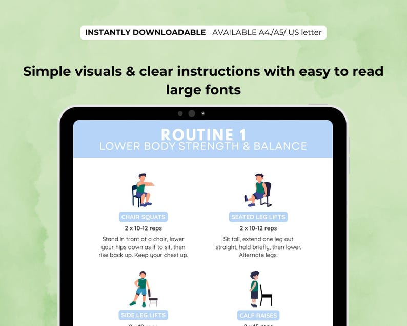 May include: A digital fitness guide displayed on a tablet. The screen shows exercise instructions for lower body strength and balance, including chair squats and seated leg lifts. The text reads "Simple visuals & clear instructions with easy to read large fonts."