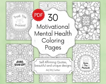 30 páginas para colorear motivacionales sobre salud mental, páginas para colorear inspiradoras, citas motivacionales, descarga instantánea, PDF imprimible, A4/A5/Let