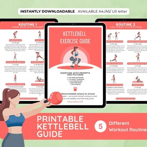 May include: Printable kettlebell exercise guide with 5 different workout routines. The guide includes exercises with prompts and pictures. The design is red and white with a woman exercising with a kettlebell.